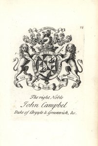 Våpenskjold og våpenskjold av den høyre adelige John Campbell, 2. hertug av Argyll og Greenwich,