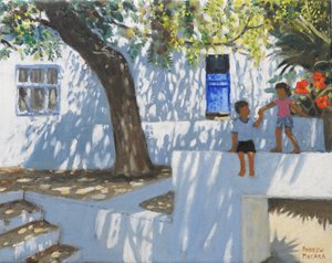 Blå dør, Mykonos, Hellas, 2024 (olje på lerret) av Andrew Macara