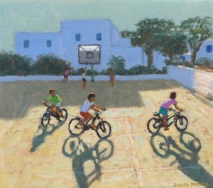 Gutter på sykkel, Hellas (olje på lerret) av Andrew Macara