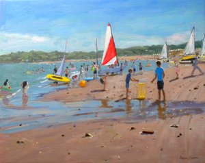 Cricket og rødt og hvitt seil, Abersoch, 2011 av Andrew Macara