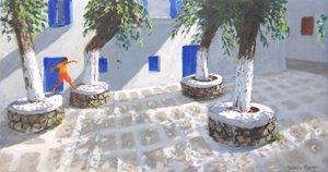 Four Trees, Mykonos Town, 2022 (olje på lerret) av Andrew Macara
