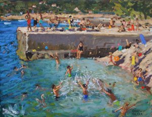 Moro i havet, Rovinj, Kroatia, 2016, (olje på lerret) av Andrew Macara