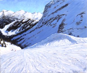 Inn i dalen, Courchevel, Frankrike, 2019, (olje på lerret) av Andrew Macara