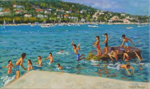 Hoppe fra steinene; Cinque Terre, Positano, Italia, 2000 (olje på lerret) av Andrew Macara