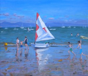 Rød og hvit seilbåt, Abersoch (olje på lerret) av Andrew Macara