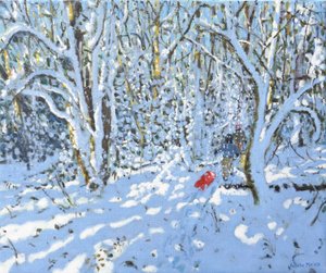 Rød slede, Allestree Park, Derby, 2022 (olje på lerret) av Andrew Macara