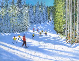 Skitime, Samoens, Frankrike, 2020, (olje på lerret) av Andrew Macara