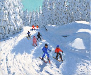 Gå på ski nedover stien ,Courchevel ,2018,(olje på lerret) av Andrew Macara
