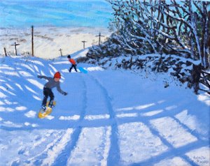 Snowboardkjøreren, Dove Head, Derbyshire, olje på lerret) 2021 av Andrew Macara