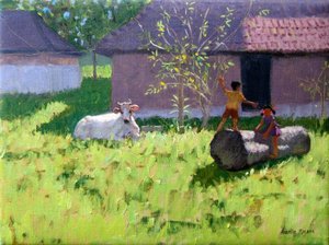 HVIT KY OG TO BARN, MANKOTTA ISLAND, KERALA, INDIA av Andrew Macara