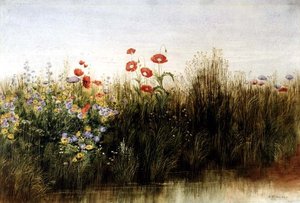 Ville blomster ved en bekk (akvarell)