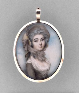 Portrait of a Woman, ca. 1785 (akvarell på elfenben, 9 karat rosa gull, hår, preget metallisk folie og glass)