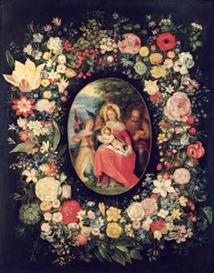 Den hellige familie innrammet av en krans av blomster, av Andries Daniels or Danielsz