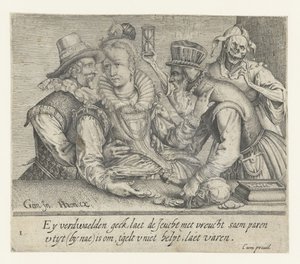 En gammel mann prøver å kjøpe en ung kvinnes kjærlighet Unequal Love (serietittel) av Andries Jacobsz. Stock (possibly)