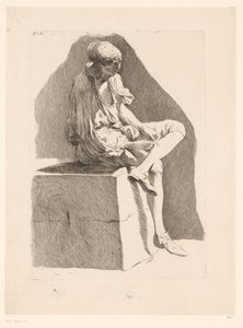 Karikatur av en gutt som syr strømpen sin Karikaturer etter J. Saly (serietittel) Recueil de caricatures dessinées Par J. Saly et Gravées par A.L. DeLalive D.J. (serietittel) av Ange Laurent de, marquis de Rémoville Lalive
