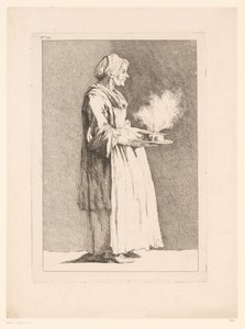 Karikatur av en kvinne med måltid Karikaturer etter J. Saly (serietittel) Recueil de caricatures dessinées Par J. Saly et Gravées par AL De Lalive DJ (serietittel) av Ange Laurent de, marquis de Rémoville Lalive