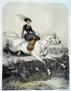 A Young Rider in the Amazon Jumping a Barriere Litografi av Ange Louis Jawe Lange (1815-1872) Privatsamling fra 1800-tallet