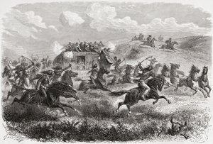 Indianere angrep en transkontinental diligens i 1867, illustrasjon fra 'The World in the Hands', gravert av Charles Laplante (d.1903), publisert 1878