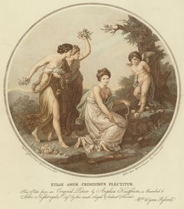 To nymfer håner amor som er bundet til et tre (farge litho) av Angelica (after) Kauffmann