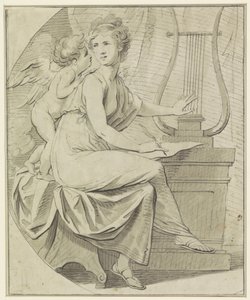 Amor inspirerer en ung kvinne som klatrer på en lyre med den ene hånden og skriver med den andre av Angelica Kauffmann