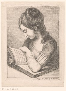 Ung kvinne leser ved et bord og hviler albuen på en bok av Angelica Kauffmann