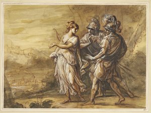 Mytologisk scene. Ung kvinne med bue vendt mot to bevæpnede menn av Angelica Kauffmann