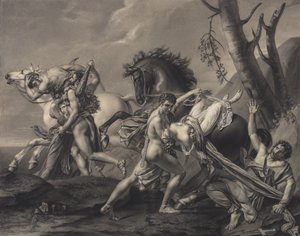 Theseus og Pirithoüs renser jorden for bråker, befrier to kvinner fra hendene til bortførerne deres av Angelique Mongez