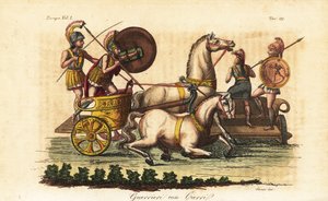 Gamle greske krigere med malte skjold som kjører på en biga eller to-hesters vogn av Angelo (after) Monticelli