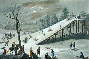 Snøras i en russisk offentlig park, tidlig på 1800-tallet (farget gravering)