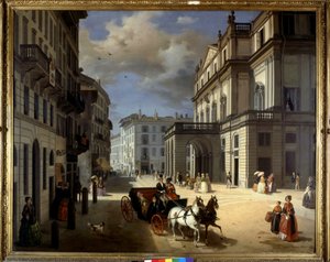 Representasjon av Plaza de la Scala i Milano av Angelo Inganni. 1800-tallet. Brera kunstgalleri, Milano.
