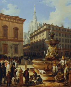 Gateutsikt fra Milano, i bakgrunnen Duomo av Angelo Inganni