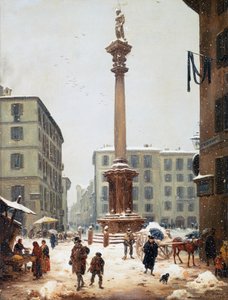 Redeemer-søylen ved Verziere (grønnsaksmarked) sett fra den gamle gaten San Bernardino i Milano av Angelo Inganni