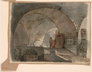 Scenedesign, underjordisk hvelvede rom med graver av Angelo Toselli