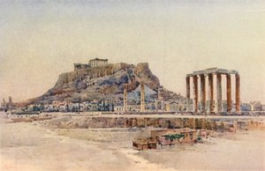 Akropolis, Athen, Hellas (farge litho)