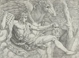 Apollo holder rør i høyre hånd akkompagnert av Pegasus, 1556-60. av Angiolo Falconetto