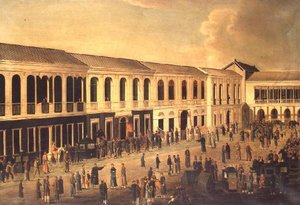 En utsikt over Hongs ved vannkanten i Canton, ca. 1825
