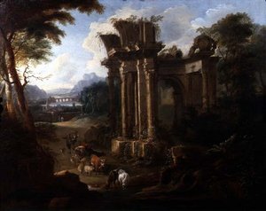 Klassisk landskap med en kuhyr som vanner storfe, ca. 1720 (olje på lerret)