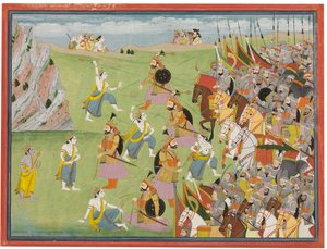 Et maleri fra Mahabharata: Balabhadra kjemper mot Jarasandha, Kangra og Garhwal, ca. 1810-20