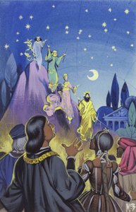 En underholdningsfilm skapt av Leonardo Da Vinci for hoffet til Ludovico Sforza, herskeren av Milano (gouache på papir)
