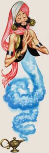 Ånden som kommer ut av lampen sin, illustrasjon fra «Aladdin og hans fantastiske lampe» (gouache på papir) av Angus McBride