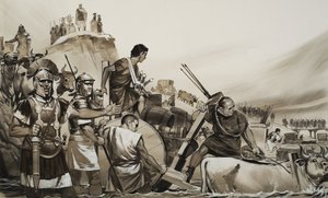 Julius Cæsar (100–44 f.Kr.) ledet soldatene sine over den lille elven Rubicon og marsjerte mot Roma (gouache på papir) av Angus McBride
