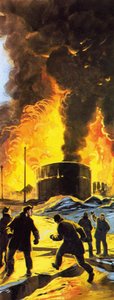 Oljetanker som brenner ved Seward etter jordskjelvet i Anchorage i 1964 av Angus McBride