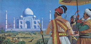 Shan Jahan ser på mens Taj Mahal bygges (fargelitografi)