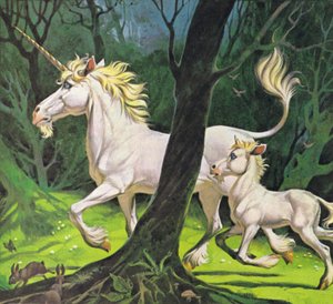 Enhjørninger (fargelitografi) av Angus McBride