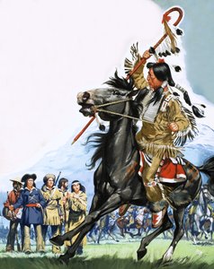 Uidentifiserte indianere omgir en liten gruppe speidere av Angus McBride