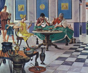 Velstående romersk familie nyter et måltid (fargelitografi) av Angus McBride