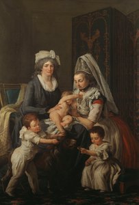 Portrett av en dame, i et interiør med sykepleieren og tre barn,