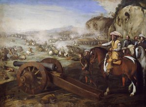 Kaptein på hesteryggen beordrer å skyte kanon under kamp, maleri av Aniello Falcone (1607-1656), olje på lerret, 94x131 cm