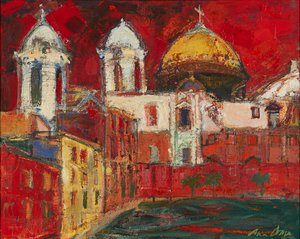 Cadiz katedral og bygninger, rød himmel (olje på lerret)