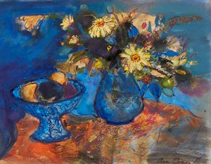 Blomster og frukt på blått og oransje (blekk og akvarell)